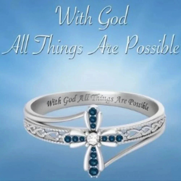 Blue Cubic Zirconia Cross Ring - Silver plated - Sparkling Gemstones Size 8 - Picture 1 of 10